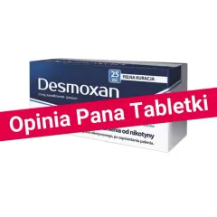 Opakowanie leku Desmoxan, stosowanego w terapii uzależnienia od nikotyny. Widoczna czerwona wstęga z napisem "Opinia Pana Tabletki".