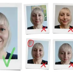 Kolekcja zdjęć: jedno z zielonym zaznaczeniem, pozostałe z czerwonymi krzyżykami. To autoportret fotografia, gdzie kobieta próbuje zrobić idealne zdjęcie.