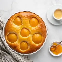 La torta alle pesche della nonna, dorata e profumata, con pesche succose incastonate nell'impasto soffice. Accompagnata da un caffè e marmellata.