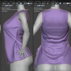 A 3D model of a purple dress on a mannequin, showing the flowing fabric and subtle side seams.
