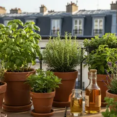 Un balcon parisien ensoleillé avec une belle exposition de basilic, romarin, menthe et lavande en pots, prêt pour la cuisine.