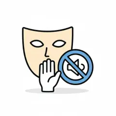 Eine Maske mit einer Hand vor dem Mund und einem durchgestrichenen Lautsprechersymbol. Das Symbol erklärt, was ist Scharade: Stille ist gefragt!