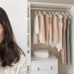 Donna infastidita dall'odore di muffa, accanto a un armadio ordinato. Scopri cosa mettere negli armadi per evitare la muffa e mantenere i tuoi vestiti freschi.