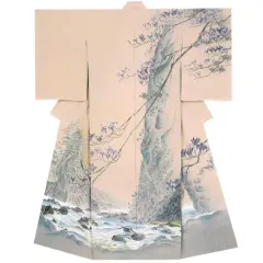 A kimono adorned with exquisite Japanese paintings of a serene landscape, featuring a rocky stream and delicate purple blossoms cascading down a cliff.