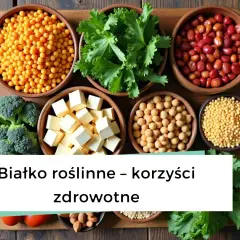 Miseczki z soczewicą, fasolą, ciecierzycą, tofu, brokułami i innymi roślinnymi źródłami białka.