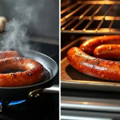 Saucisses andouillettes grésillant dans une poêle et au four, dégageant une vapeur appétissante.