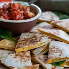En hög med gyllene, ostiga quesadillas, perfekta för ett snabbt quesadillas recept. Serveras med en skål färsk pico de gallo.