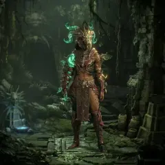 Postacie z Diablo 4 w zbroi z zielonymi, świecącymi elementami, stojące w ruinach świątyni.
