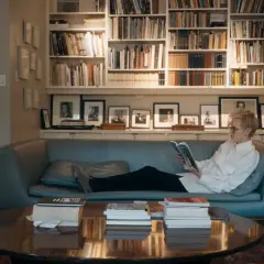 Siri Hustvedt, jung und nachdenklich, liest auf einem Sofa vor einem Bücherregal.