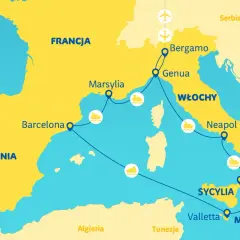 Mapa przedstawia rejs po Morzu Śródziemnym: Barcelona, Marsylia, Genua, Neapol, Sycylia, Malta.