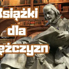 Kamienna rzeźba mężczyzny czytającego książkę na tle regałów pełnych ksiąg. Idealna inspiracja na książkę dla mężczyzny.
