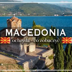 Macedonia, Jezioro Ochrydzkie. Kościół św. Jana w Kaneo na tle błękitnej wody i gór.