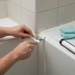 Ręce wygładzają świeży silikon wokół wanny, pokazując, jak silikonować wannę. Obok pistolet z silikonem i płyn do czyszczenia.