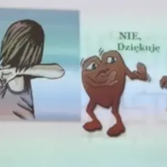 Ilustracja: ręka podaje buteleczkę z napisem "Dopalacze?", młoda osoba odwraca się, a obok serca w szalikach odmawiają.