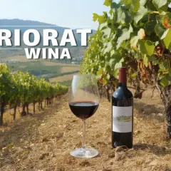 Winnica w Priorat, z butelką i kieliszkiem czerwonego wina na pierwszym planie.