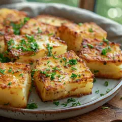 Carrés de pommes de terre croustillants, parfaits pour une recette feuille de brick revisitée. Garnis de persil frais.