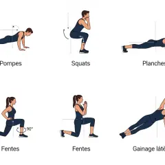 Illustrations de pompes, squats, planches, fentes et gainage latéral pour le renforcement musculaire à la maison.