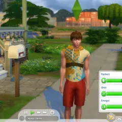 Młody Sim w kolorowej koszulce i czerwonych spodenkach stoi przed domem. Wskaźniki potrzeb pokazują, że jest głodny i potrzebuje zabawy. To kod na potrzeby The Sims 4.