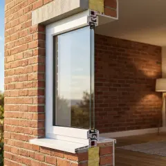 Corte de ventana con vidrio doble bajo emisivo, mostrando aislamiento y el interior de una habitación acogedora.
