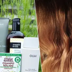 Variedad de champús y tratamientos capilares, incluyendo champú sólido y brillo para el cabello, ideales para un cuidado sin siliconas.