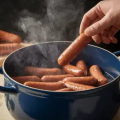 Une main ajoute une saucisse de Strasbourg dans une cocotte bleue bouillonnante. Une recette simple et savoureuse.