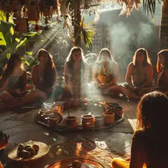 Grupa ludzi siedzi w kręgu, otoczona dymem i promieniami słońca, przygotowując się do ceremonii ayahuasca.