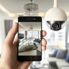 Una mano sostiene un teléfono que muestra una sala de estar moderna, mientras una cámara de seguridad wdr vigila el espacio.