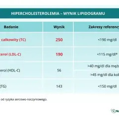 Wynik lipidogramu: hipercholesterolemia co to jest? Podwyższony cholesterol całkowity (250) i LDL (190) wskazują na problem.