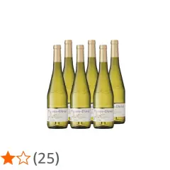 Sechs Flaschen Muscadet Wein, "Plessis-Duval Sur Lie", stehen nebeneinander.