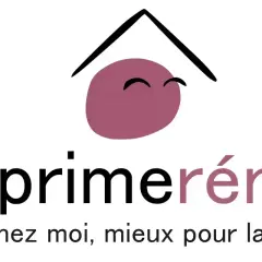 Logo Ma Prime Renov' violet, avec un toit stylisé et un visage souriant. "Mieux chez moi, mieux pour la planète.