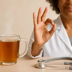 Medico con gesto OK, tazza di tisana per andare in bagno fai da te fumante e stetoscopio.