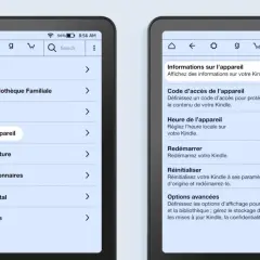 Paramètres du format lecture Kindle : options de l'appareil, heure, redémarrage, réinitialisation et options avancées.