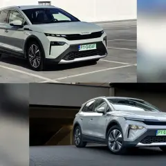 Dwa modele Skoda Elroq w różnych kolorach, jeden jasnoszary na parkingu, drugi srebrny przed budynkiem.
