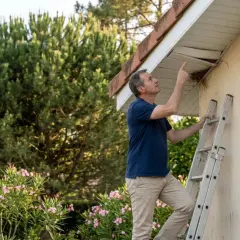 Un homme sur une échelle inspecte un nid d'oiseau sous les matériaux de toiture.