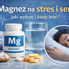 Magnez na stres i sen: butelka suplementu, szklanka wody, tabletki i śpiący mężczyzna. Jaki magnez na sen wybrać?