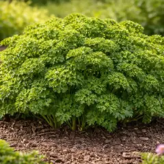Un folto cespuglio di **pianta prezzemolo** riccio, rigoglioso e verde brillante, cresce su un terreno scuro e terroso.