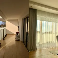 Dwa ujęcia: balkon z widokiem na domy i wnętrze z zasłonami i krzesłami.