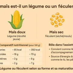 Le maïs est-il une céréale ? L'image compare le maïs doux (légume) et le maïs sec (féculent), montrant leurs rôles et valeurs nutritionnelles.