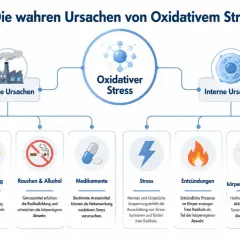 Ursachen von oxidativem Stress: Umweltgifte, UV-Strahlung, Rauchen, Medikamente, Stress, Entzündungen, intensive Belastung und ungesunde Ernährung.