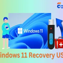 Ein Junge hält Bücher, daneben ein USB-Stick mit Windows 11 Logo und eine rote Erste-Hilfe-Tasche. Erstellung eines Windows 11 Recovery USB.