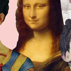 Kolaż słynnych obrazów z kobietą: Frida Kahlo z sercem, Mona Lisa i portret Picassa.
