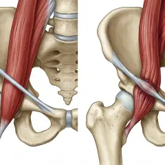 Anatomia biodra: po lewej mięsień przyczepiony luźno, po prawej widać przeskakiwanie w biodrze, gdy mięsień napina się i przesuwa.
