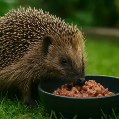 Jeż w ogrodzie zajada mokrą karmę z miseczki. Dowiedz się, czym karmić jeże w ogrodzie, by im pomóc.