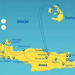 Mapa Grecji z zaznaczoną Kretą i Santorini. Trasy lotnicze łączą Kretę z Santorini, idealne na wycieczkę z krety na santorini.