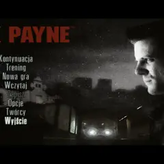 Menu gry Max Payne 2 z opcjami: Kontynuacja, Trening, Nowa gra, Wczytaj, Zapisz, Opcje, Twórcy, Wyjście. W tle Max Payne i mroczne miasto. Spolszczenie gry.