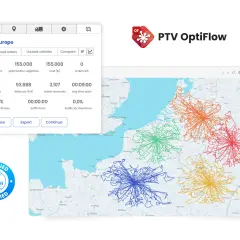 Planowanie trasy dla 267 pojazdów, optymalizacja 155 tys. km. Kolorowe linie na mapie pokazują efektywne trasy.