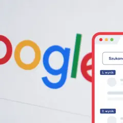 Google logo obok okna wyszukiwania z polem "Szukana fraza" i wynikami. Dążysz do darmowe pozycjonowanie stron?