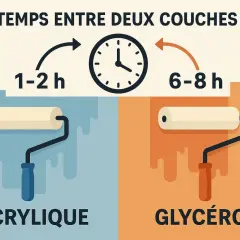 Temps de séchage entre deux couches de peinture : 1-2h pour l'acrylique, 6-8h pour la glycéro. L'égrenage peinture est plus rapide avec l'acrylique.