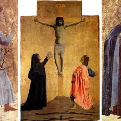Il polittico della misericordia mostra San Francesco, un angelo, la crocifissione con la Vergine e San Giovanni, e una santa.
