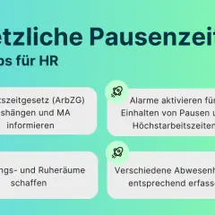 Top-Tipps für HR: Gesetzliche Pausenzeiten beachten. Nach 6 Stunden Arbeit Pause einlegen, Erholungsräume schaffen und Abwesenheiten erfassen.